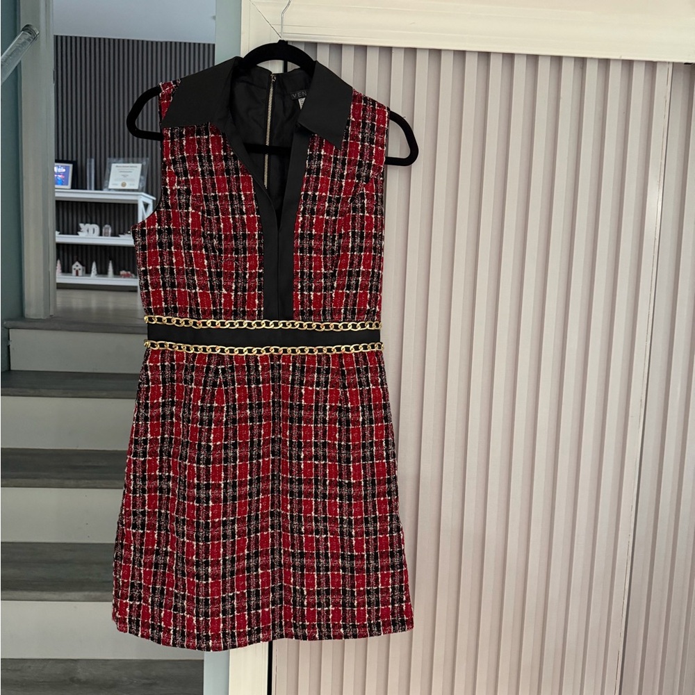 VENUS Red and Black Tweed Dress with Gold Chain
